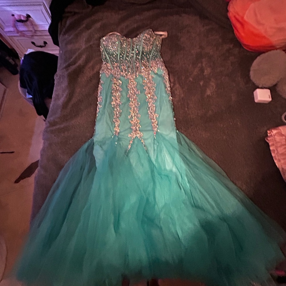 Camille La Vie Green Strapless Prom Gown